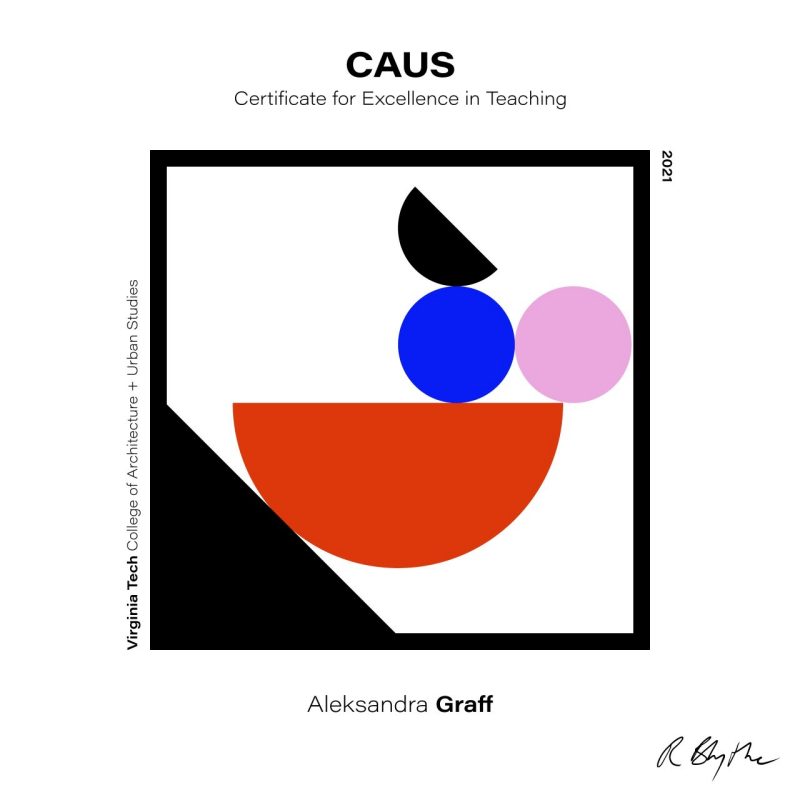 Logo for a CAUS Certificate for Excellence in Teaching for Aleksandra Graff.