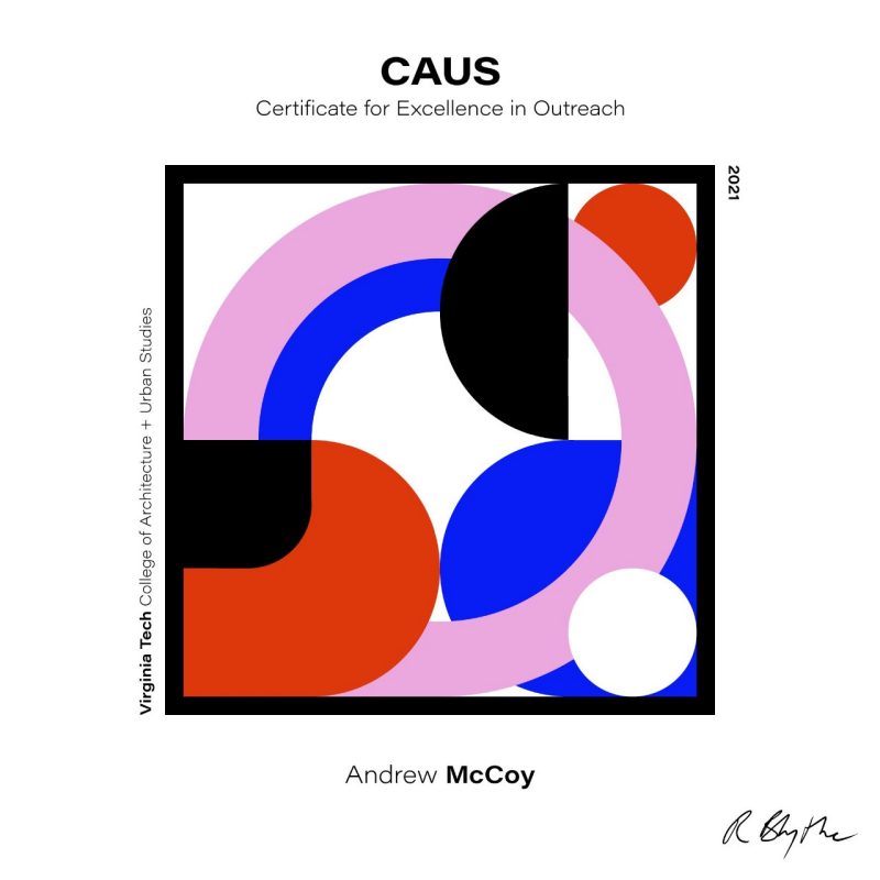 Logo for a CAUS Certificate for Excellence in Outreach for Andrew McCoy.