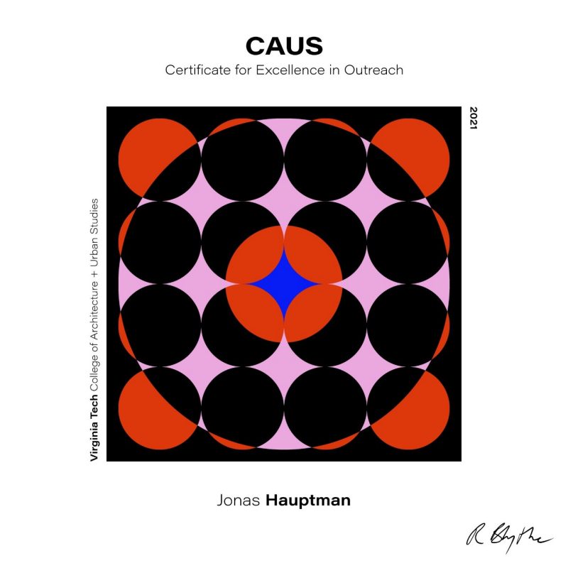 Logo for a CAUS Certificate for Excellence in Outreach for Jonas Hauptman.