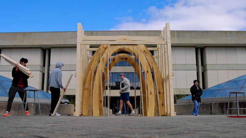 Outside of Cowgill in Burchard plaza students are building a structure together