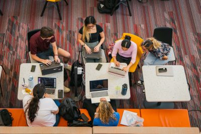 Overhead view of six students studying together