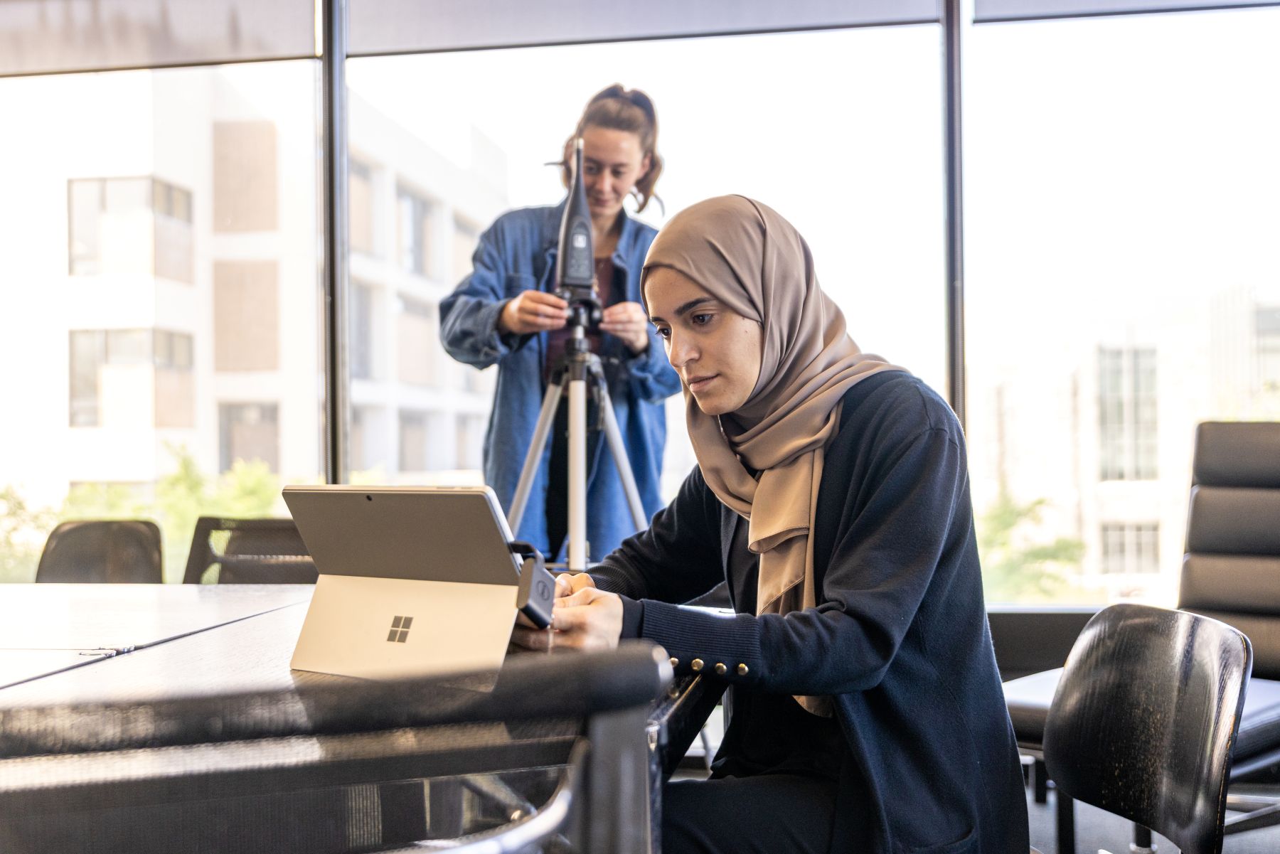 Faculty member working on a project with a student.