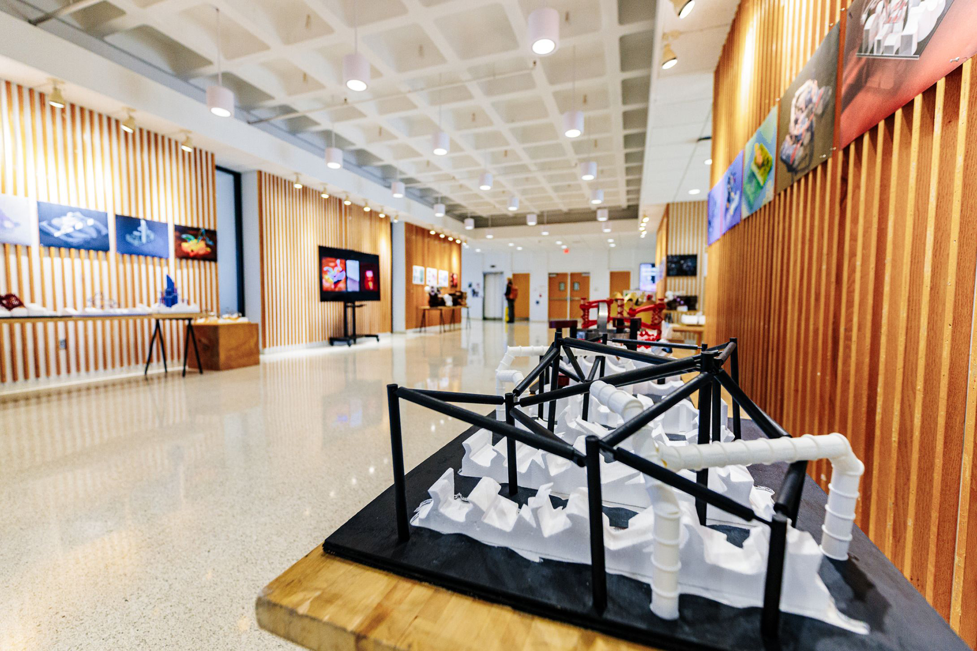 Architecture projects on display in Cowgill lobby.