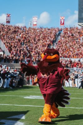 HokieBird with arms outstretched at the Homecoming game against Wake Forest.