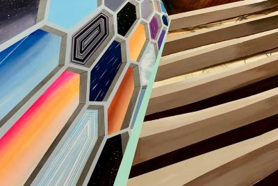 A detailed view of a mural by artist Jason Middlebrook inspired by architectural elements of the Moss Arts Center.