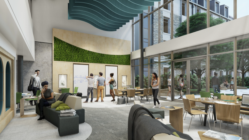 Architectural rendering of the Creativity and Innovation District Living Learning Community's student lounge