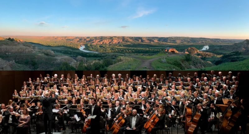 Mosaic For Earth graphic featuring orchestra musicians and a view of a mountain range.