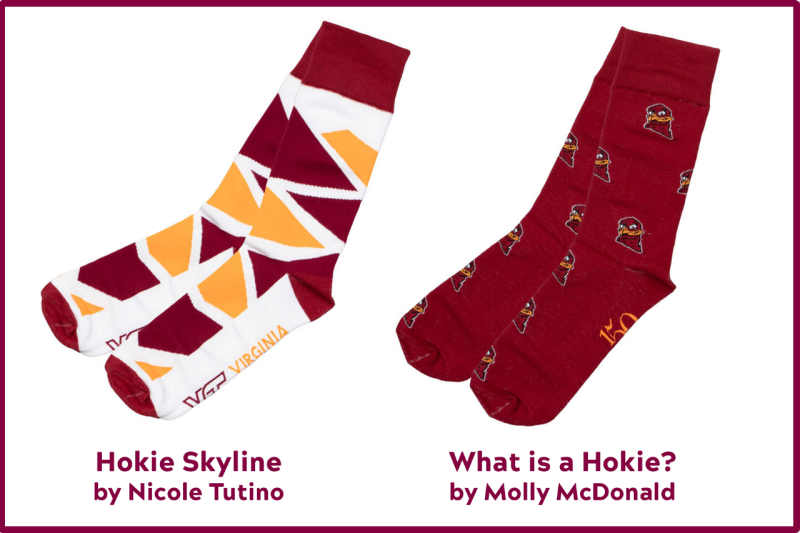 Images of two student-created sock designs that will be available to supporters as part of the university's Giving Tuesday campaign.