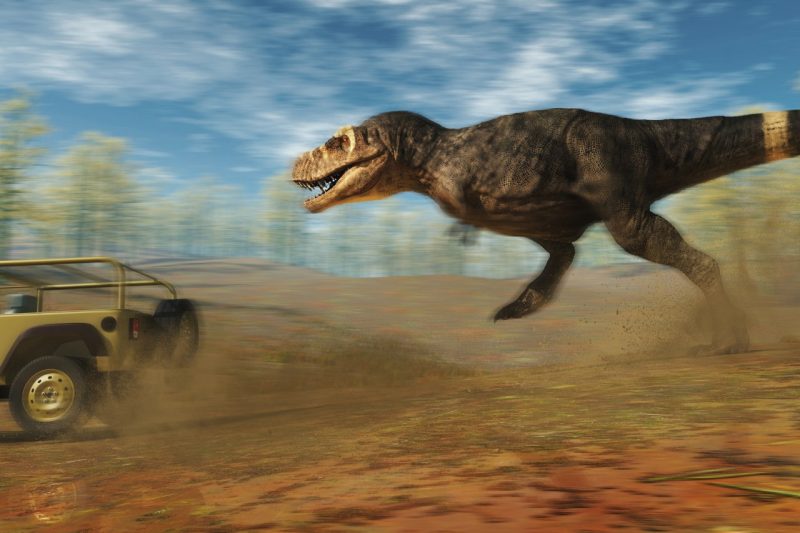 A 3D illustration of a T. rex chasing a car