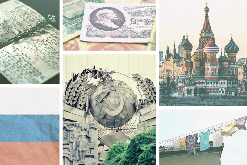 A collage of images including a handwritten journal, Russian paper currency, onion domed buildings, a clothes line with clothes , a Russian flag, and a soviet-era monument.