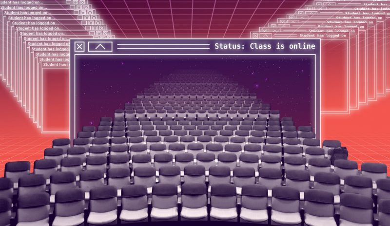 A photo illustration of a screen that says "Class is online," with auditorium seats pouring out of it.