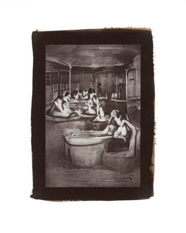 images that look like bodies gathered at a mineral spring.